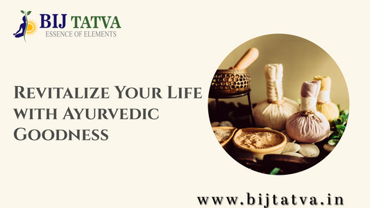 A calming Ayurvedic setup with herbal powders, brass bowl, flowers, and oil—inviting the reader into a lifestyle of natural healing and revitalization.