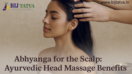 “Indian woman gently massaging warm herbal oil into her scalp in a serene, natural setting with Ayurvedic herbs, copper bowl, and flowers, symbolizing traditional head massage and emotional healing.”
