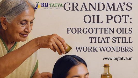 “A vintage brass pot filled with Ayurvedic oils like Bhringraj and Amla – a tribute to grandma’s traditional hair care rituals.”