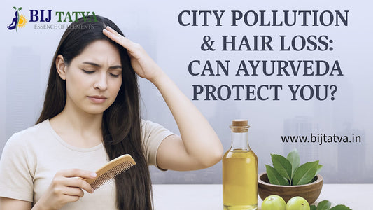 A woman standing on a city balcony, her hair wrapped in a towel, holding a bottle of Ayurvedic oil — symbolizing natural protection from urban pollution.”