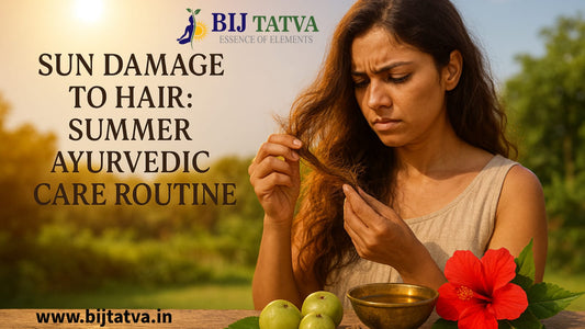  "Ayurvedic summer hair care routine with herbal ingredients like hibiscus, amla, and coconut oil placed near a calm, sunlit window"