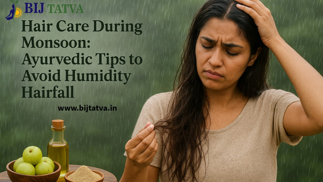 A young woman sitting by the window in monsoon rain, massaging Ayurvedic oil into her scalp with a serene smile — embracing nature’s healing.