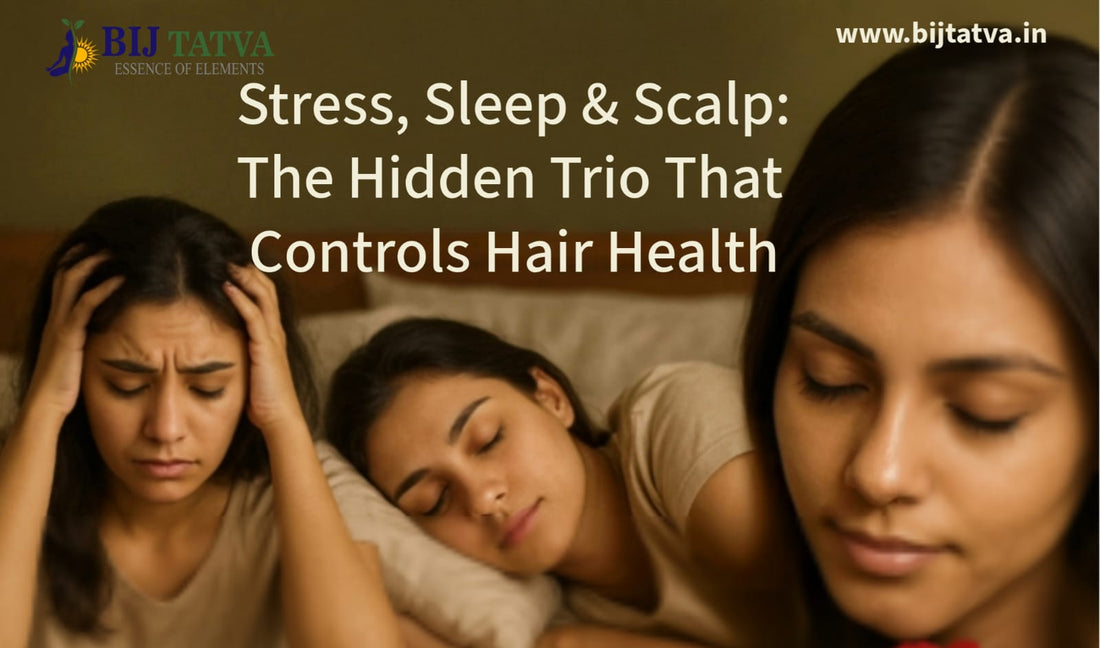 Woman with long healthy hair sleeping peacefully, surrounded by calming herbs like Brahmi and Bhringraj, symbolizing the connection between stress relief, sleep, scalp health, and natural hair care.