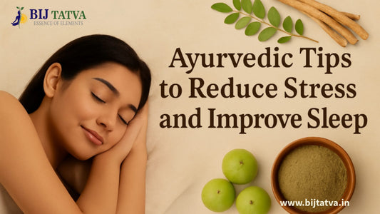 Ayurvedic lifestyle tips to reduce stress and improve sleep naturally, featuring calming herbal tea, meditation, and relaxing night routine for better health.