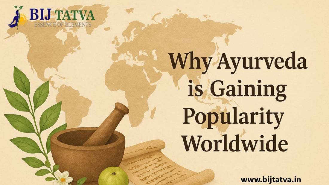 Global popularity of Ayurveda shown through natural herbs, yoga, meditation, and holistic healing practices connecting ancient wisdom with modern wellness.
