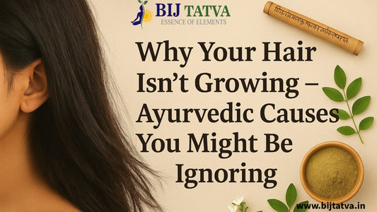 Beautiful long healthy hair with Ayurvedic herbs and oils like amla, bhringraj, and hibiscus, symbolizing natural solutions for slow hair growth causes.