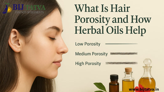 Herbal Ayurvedic oils like coconut, amla, and bhringraj shown with healthy hair strands, symbolizing how Ayurveda improves hair porosity naturally.