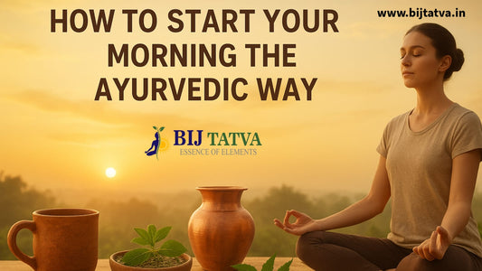 "Peaceful Ayurvedic morning routine with yoga, meditation, herbal tea, and sunrise, symbolizing natural and holistic way to start the day."