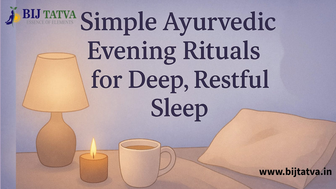"Calming Ayurvedic evening ritual with warm herbal tea, foot massage oil, candlelight, and yoga, symbolizing natural ways to improve sleep quality."