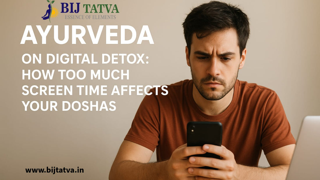 "Person practicing digital detox by keeping phone aside, with Ayurvedic remedies like herbs, meditation, and yoga, symbolizing balance of Vata, Pitta, and Kapha doshas."