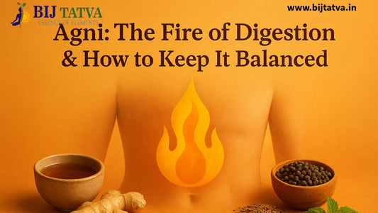 Agni in Ayurveda – the fire of digestion represented with glowing light and healthy food