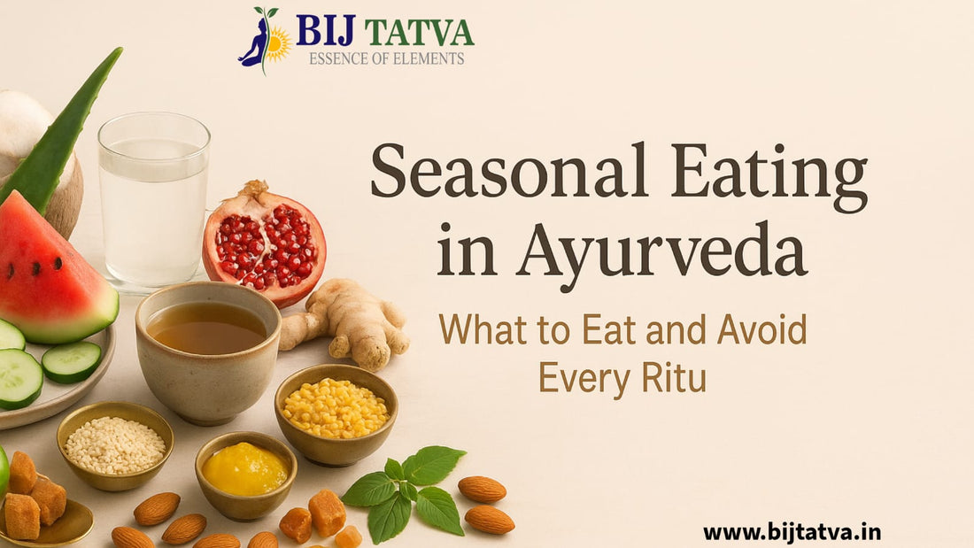 “Seasonal eating in Ayurveda – Ritucharya food guide showing what to eat and avoid in spring, summer, monsoon, autumn, and winter to balance doshas naturally”